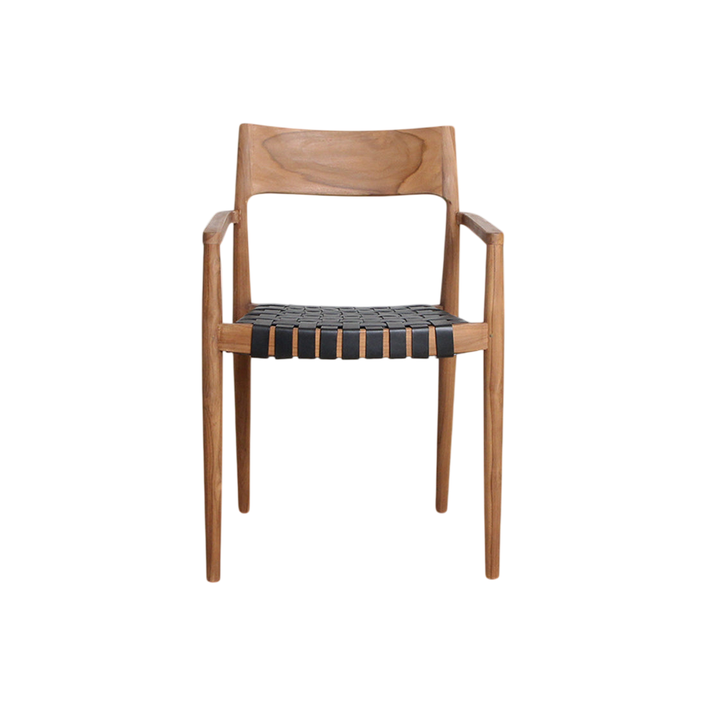 Chaise en teck et cuir noir avec accoudoirs tressés – Lot de 2