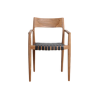 Chaise en teck et cuir noir avec accoudoirs tressés – Lot de 2