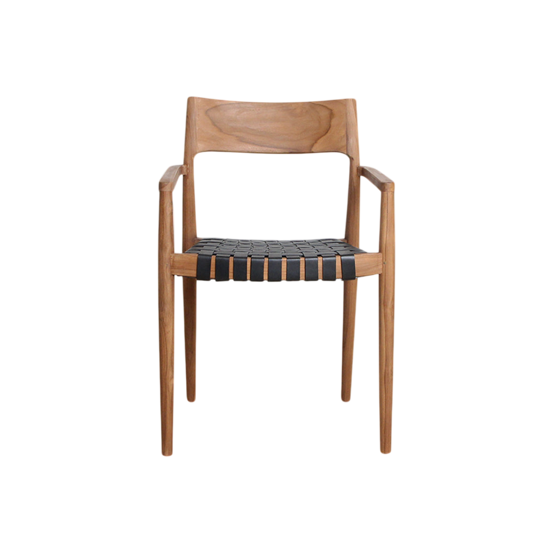 Chaise en teck et cuir noir avec accoudoirs tressés – Lot de 2