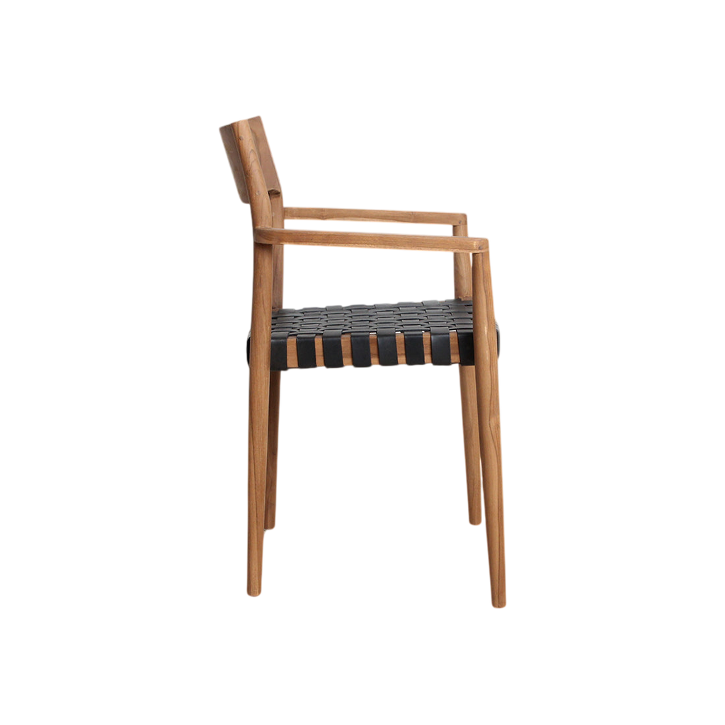 Chaise en teck et cuir noir avec accoudoirs tressés – Lot de 2
