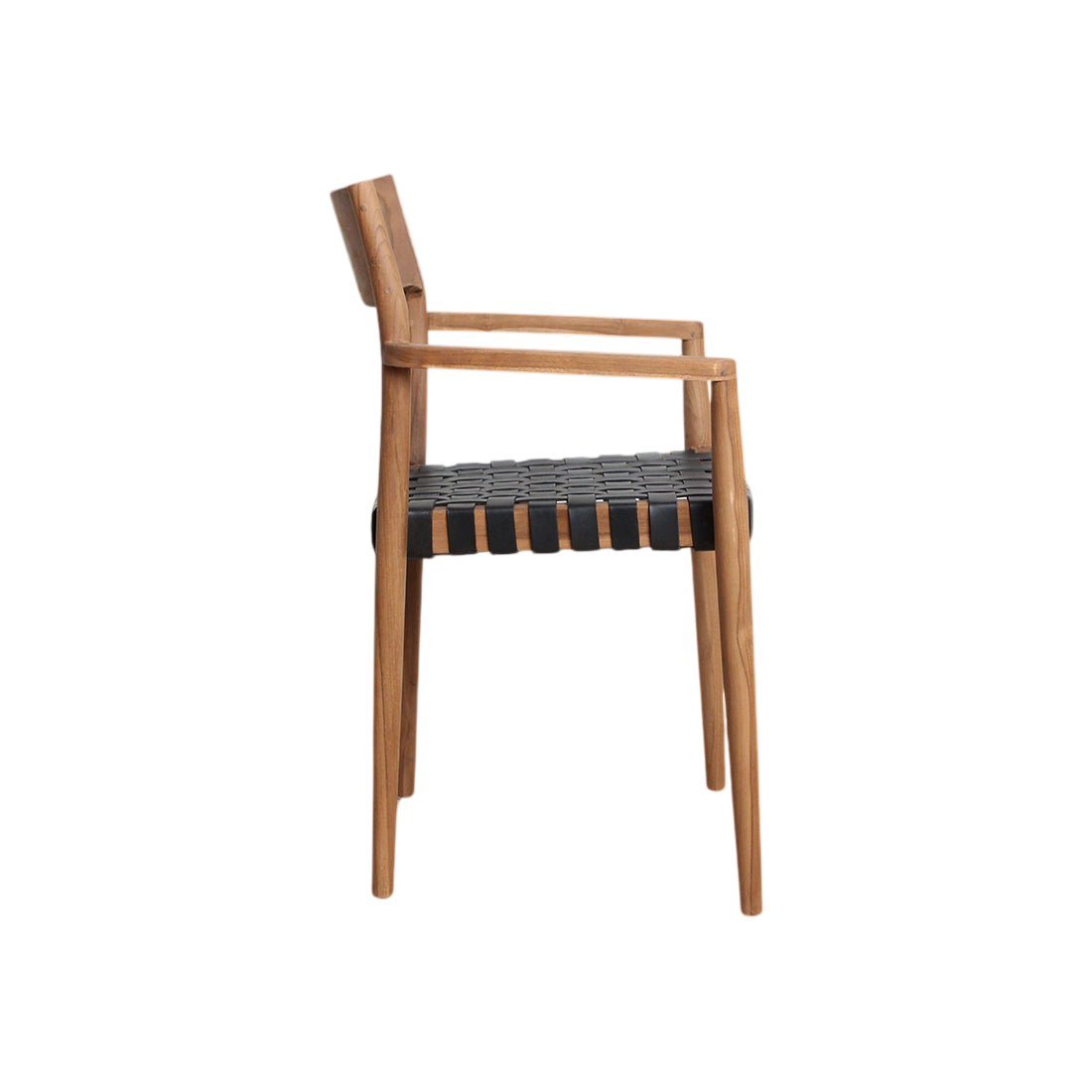 Chaise en teck et cuir noir avec accoudoirs tressés – Lot de 2