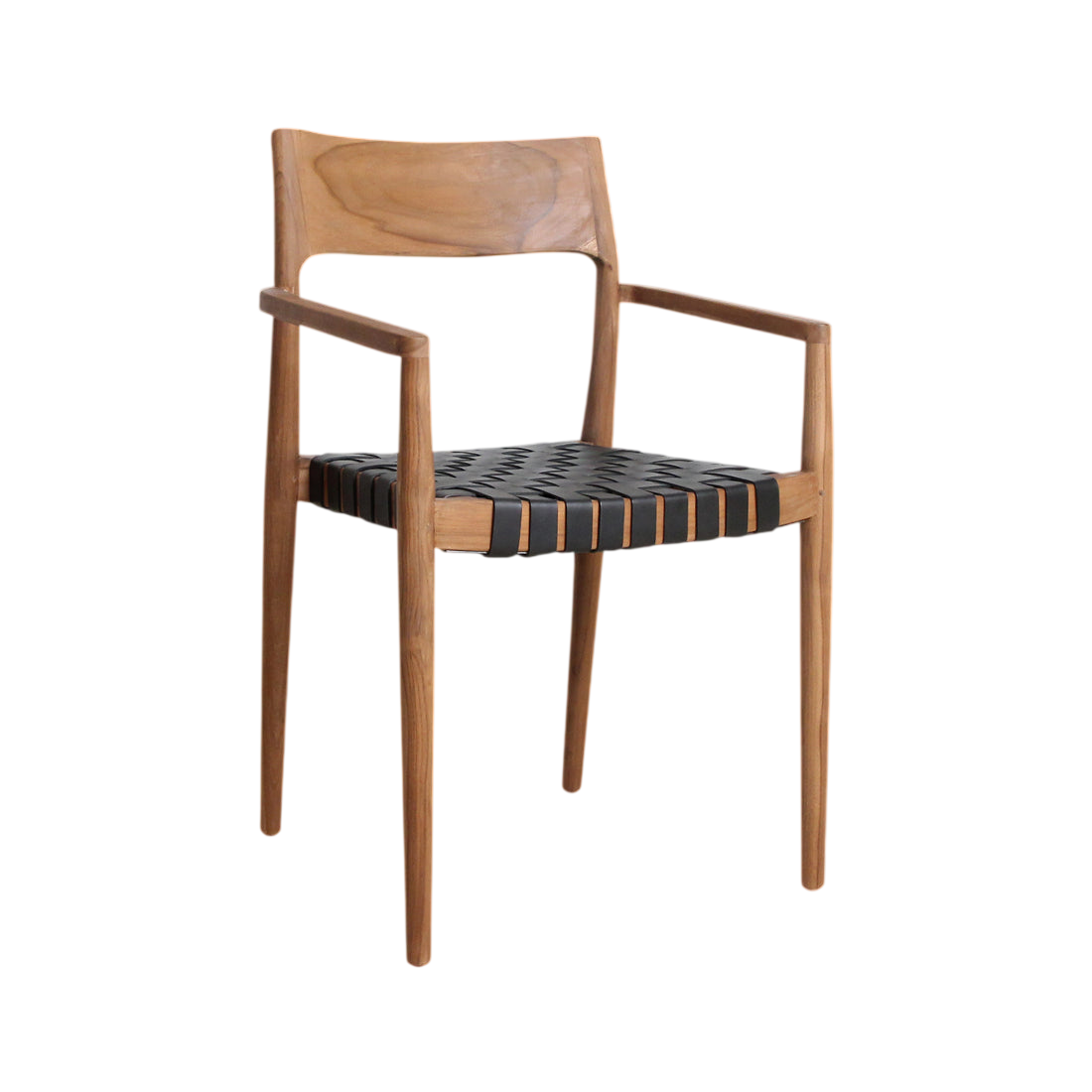 Chaise en teck et cuir noir avec accoudoirs tressés, lot de 2