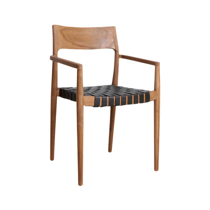 Chaise en teck et cuir noir avec accoudoirs tressés – Lot de 2