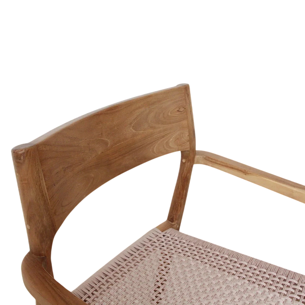 Chaise en teck naturel avec accoudoirs, assise corde beige et dossier courbé, lot de 2