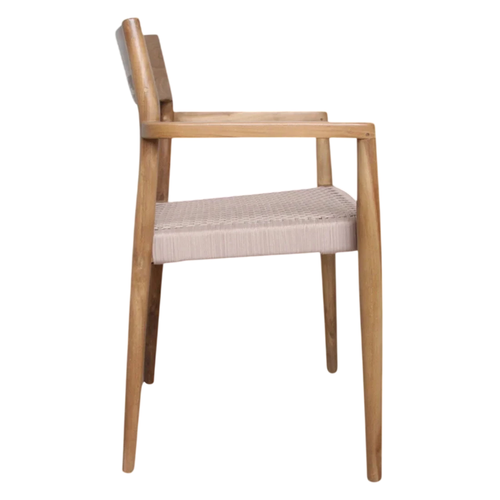 Chaise en teck naturel avec accoudoirs, assise et dossier en corde beige, lot de 2