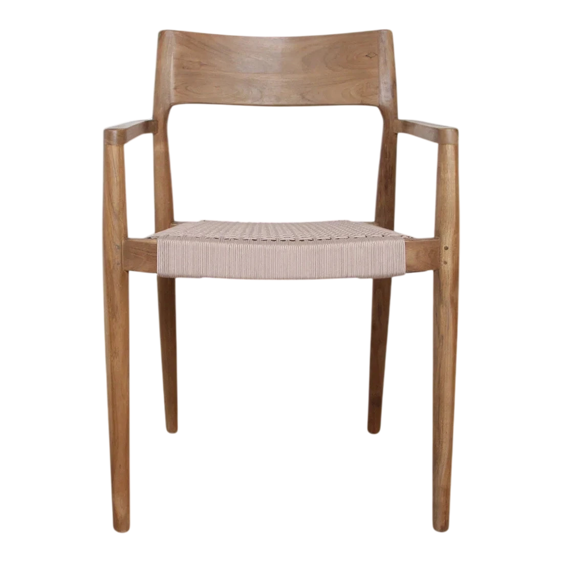 Paire de chaises en teck naturel avec accoudoirs et assise en corde beige