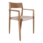 Chaise en teck naturel avec accoudoirs et assise corde beige, lot de 2