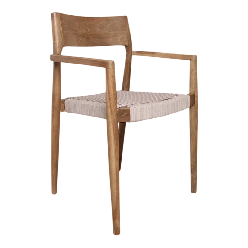 Chaise en teck naturel avec accoudoirs et assise corde beige – Lot de 2