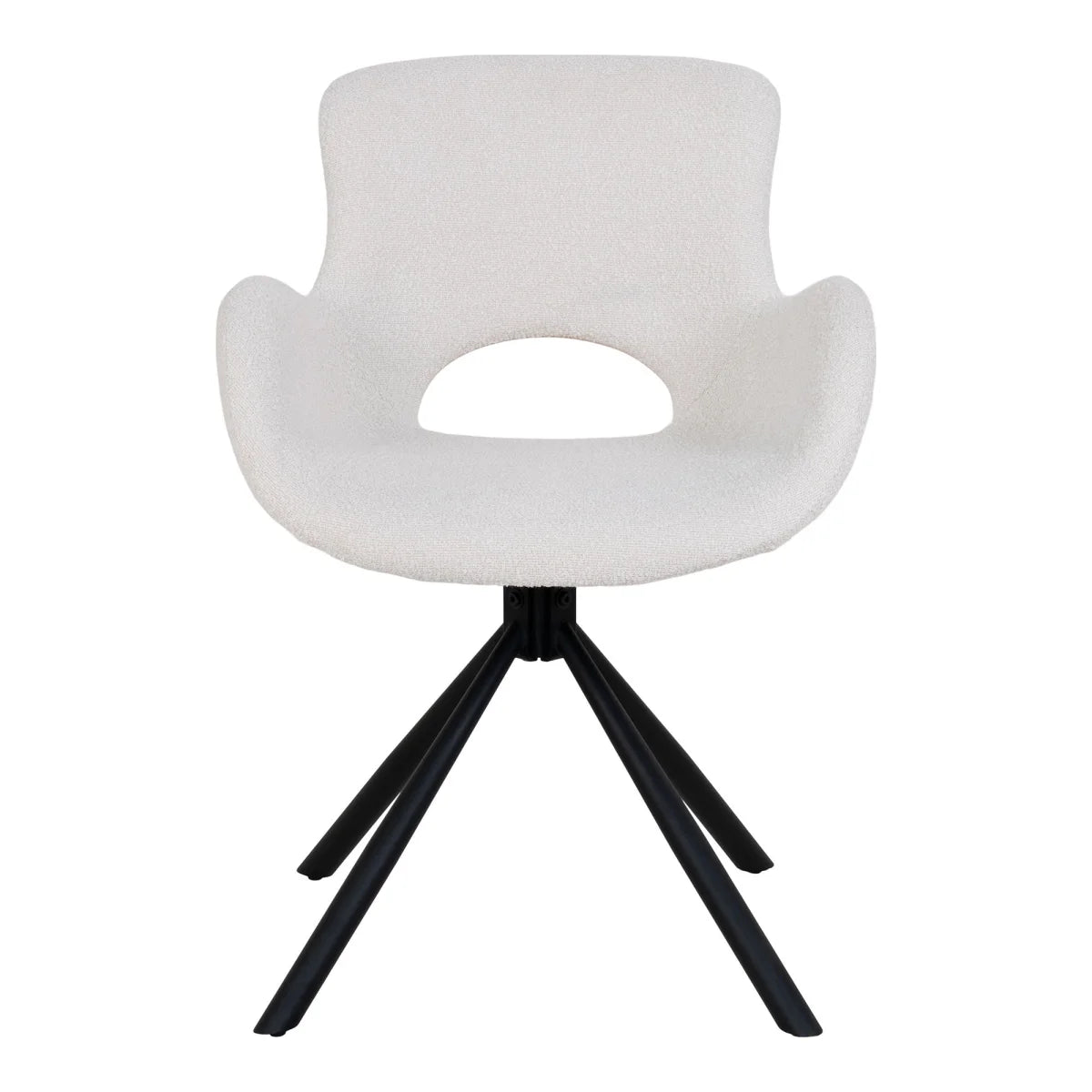 Chaise de salle à manger en bouclé blanc cassé avec découpe ovale, pieds noirs pivotants