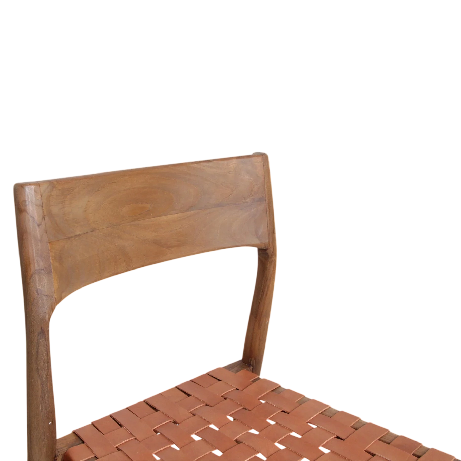 Chaise minimaliste en teck avec siège et dossier en cuir tressé cognac