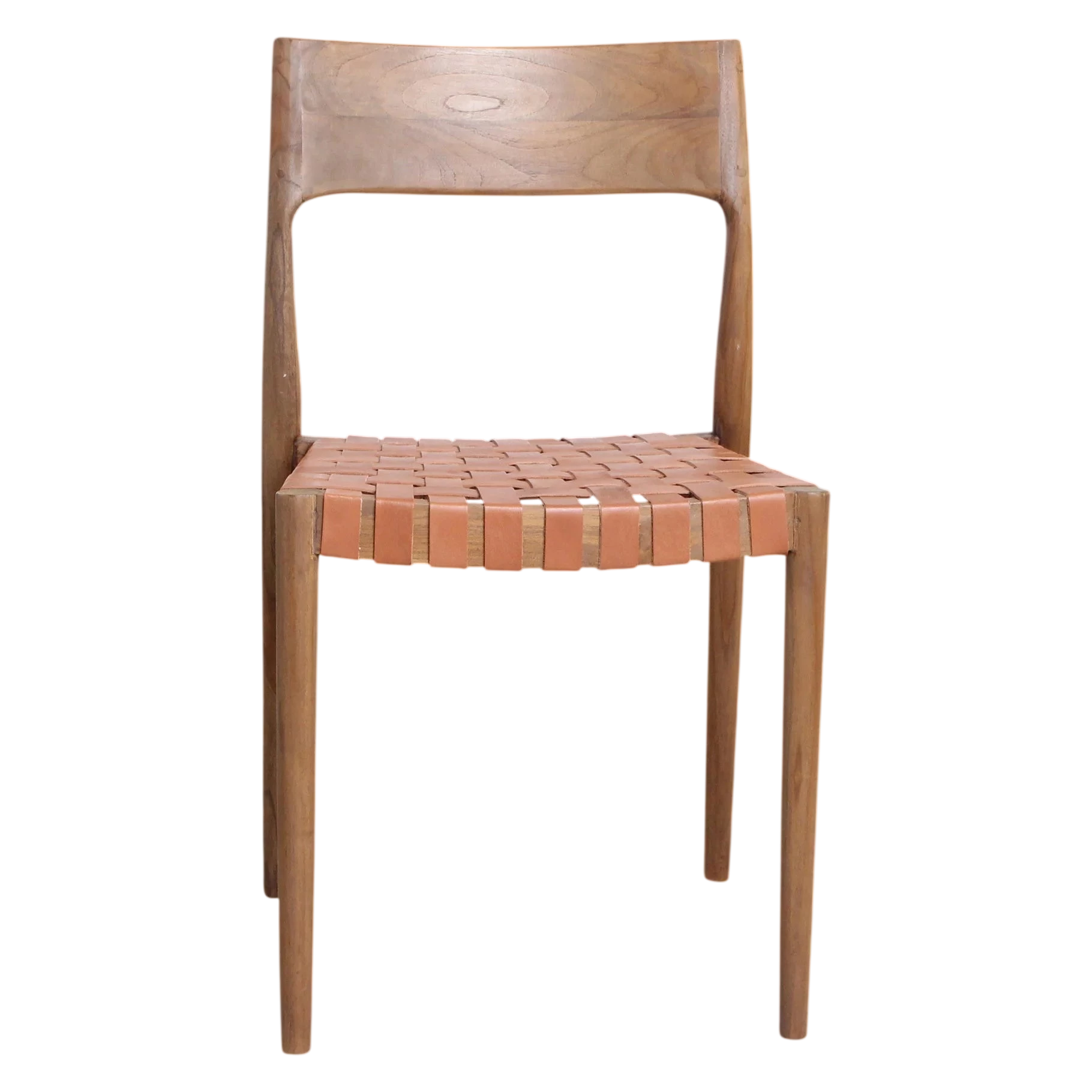Chaise minimaliste en teck avec siège en cuir tressé cognac