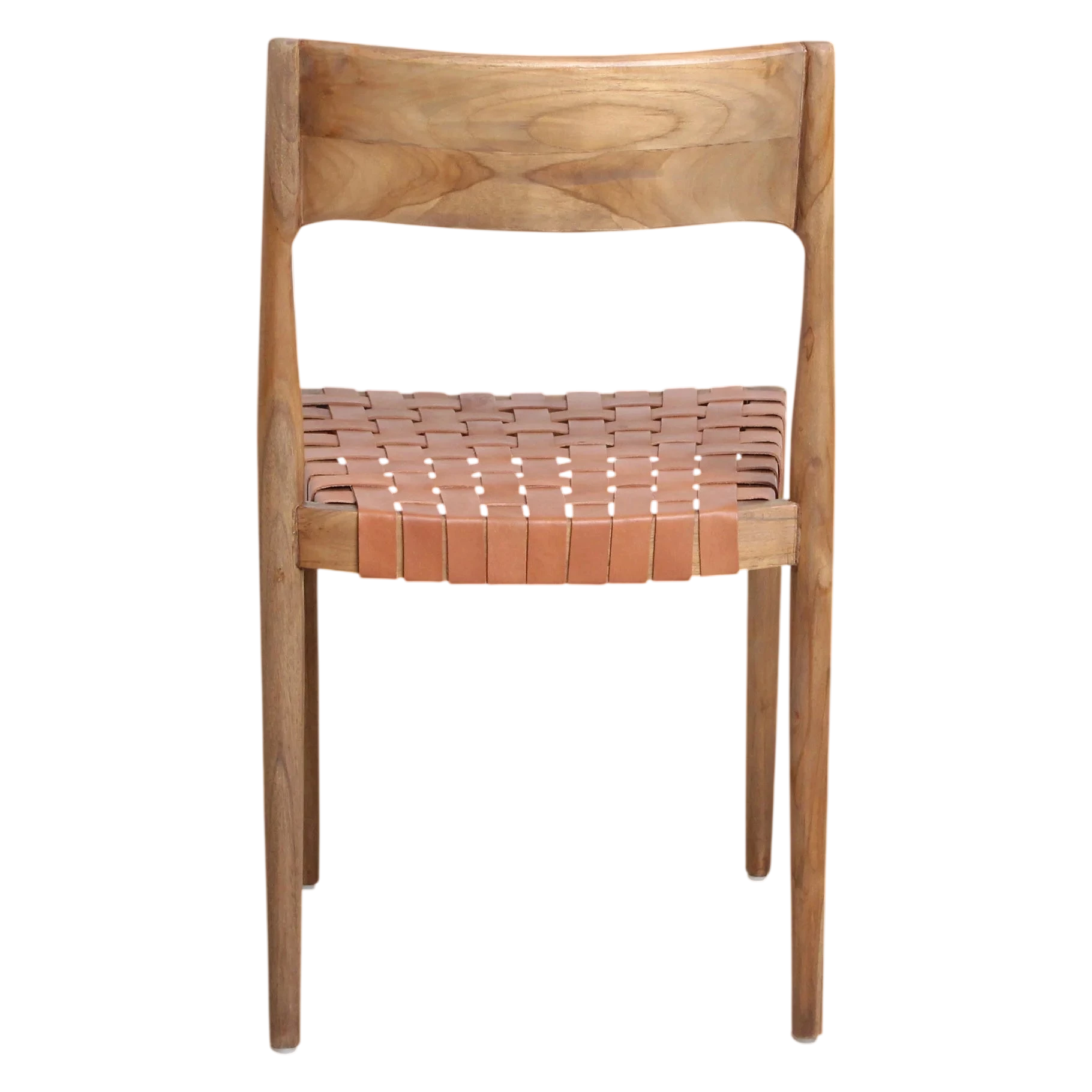 Chaise minimaliste en teck avec siège en cuir tressé cognac