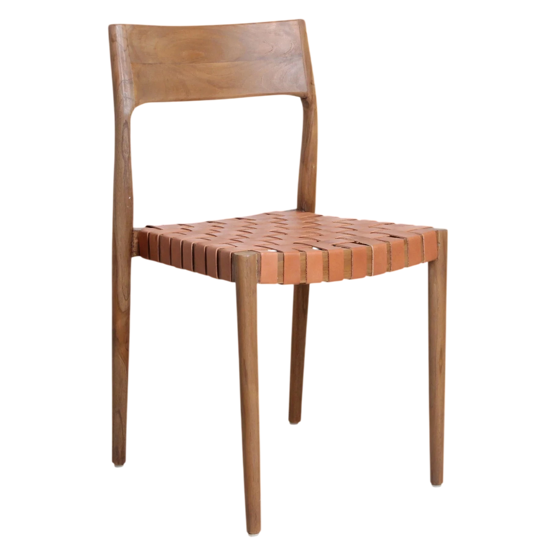 Chaise minimaliste en teck et cuir tressé cognac, lot de 2