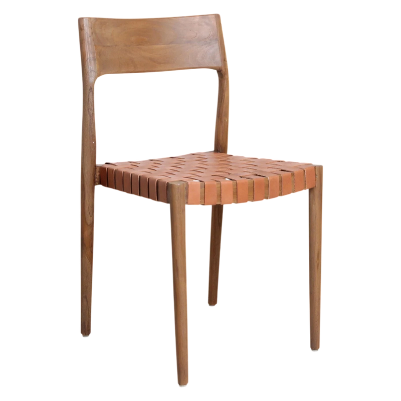 Chaises salle à manger en teck et cuir tressé cognac – Lot de 2