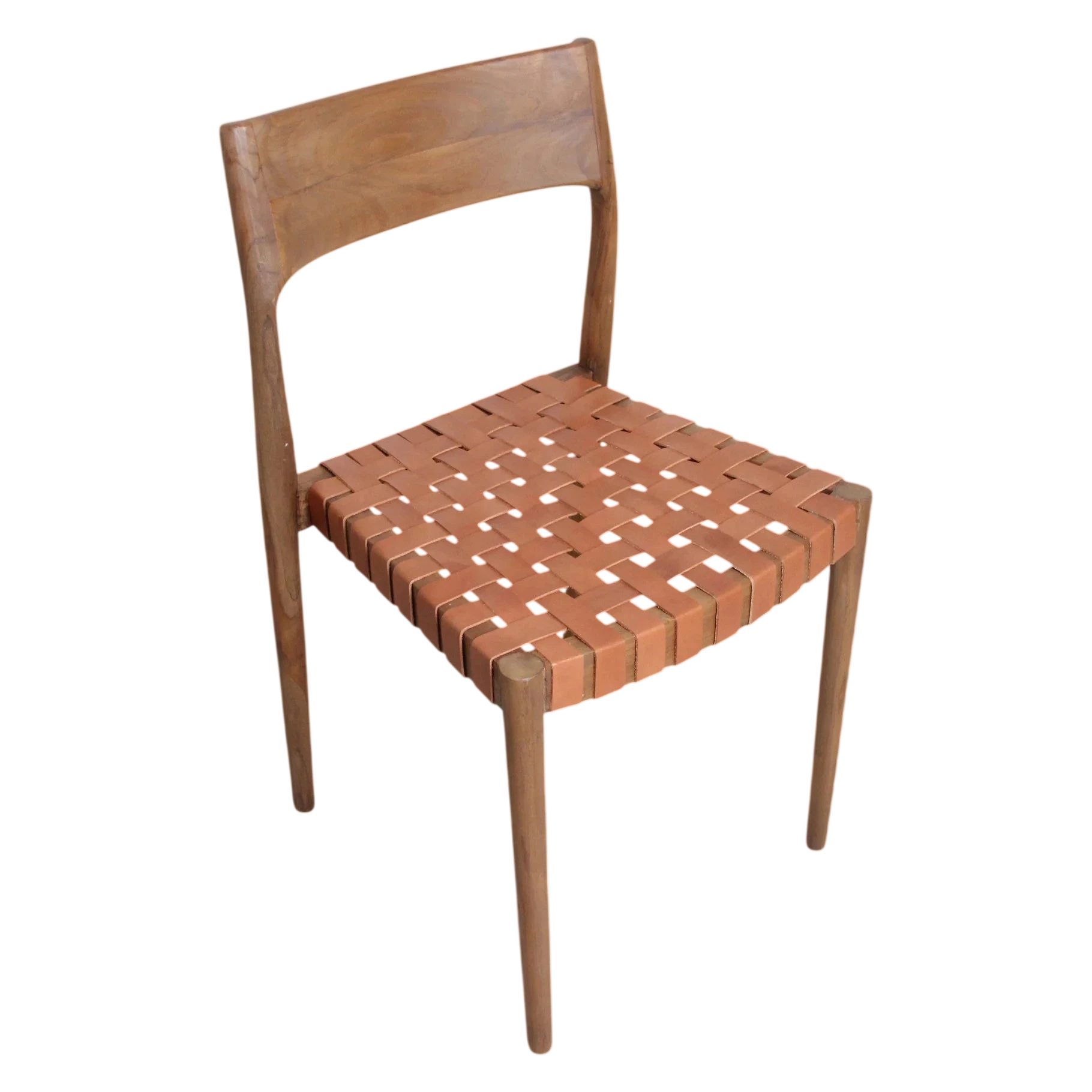 Chaise minimaliste en teck avec siège et dossier en cuir tressé cognac