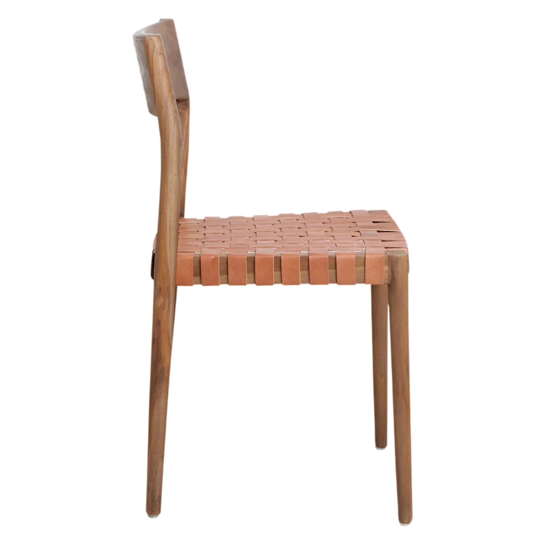 Chaise en teck moderne avec siège et dossier en cuir tressé cognac