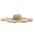 Chapeau en raphia naturel beige à large bord frangé tressé