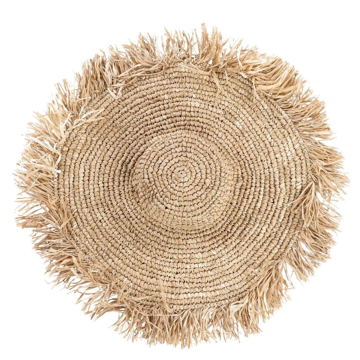 Chapeau de paille naturel beige tressé à large bord frangé