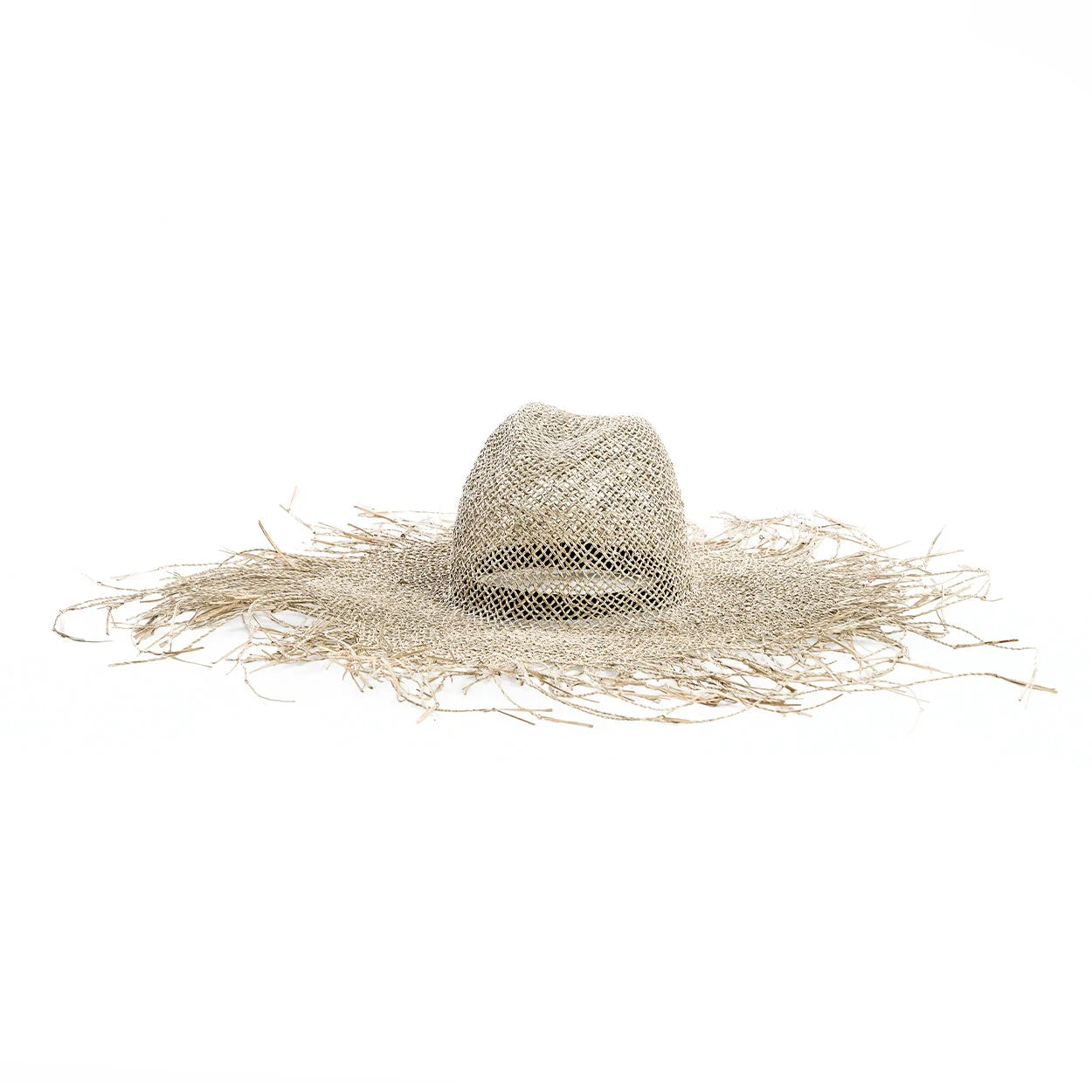 Chapeau de plage naturel en herbe marine beige à large bord frangé