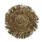 Chapeau en raphia vert et beige frangé bord large souple tressé