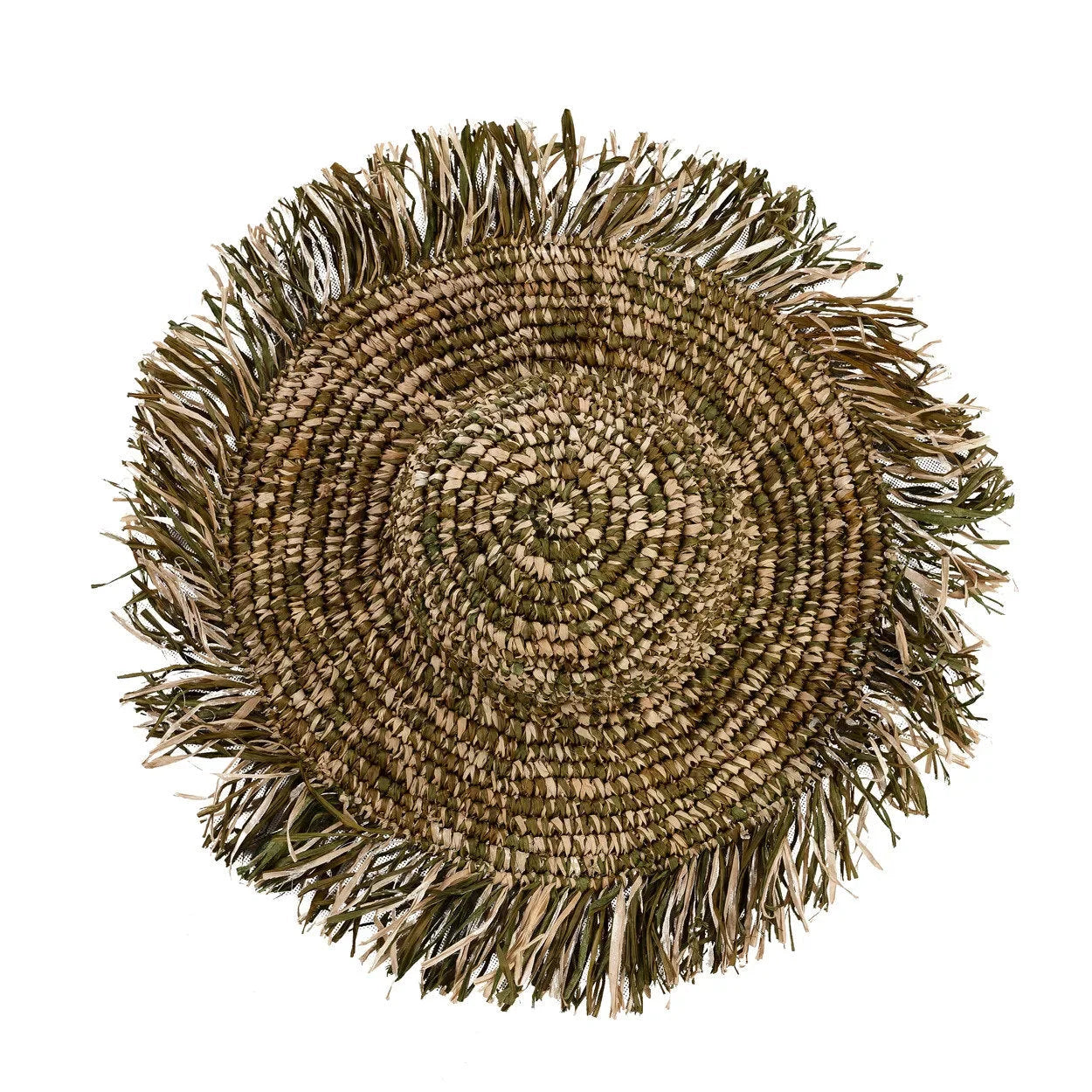 Chapeau en raphia vert et beige frangé bord large souple tressé