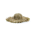 Chapeau en raphia vert et beige frangé bord large souple