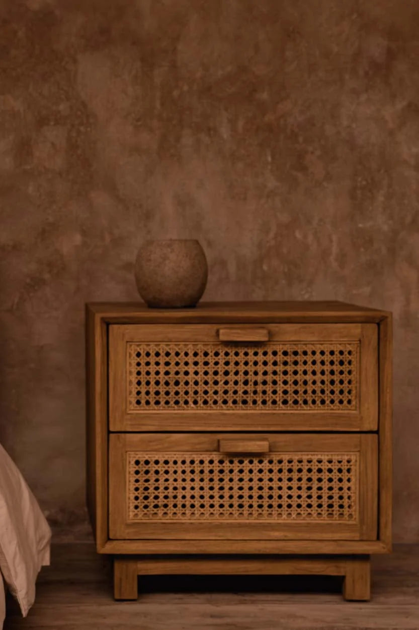 Chevet en teck et rotin naturel 2 tiroirs 51x48 cm rustique
