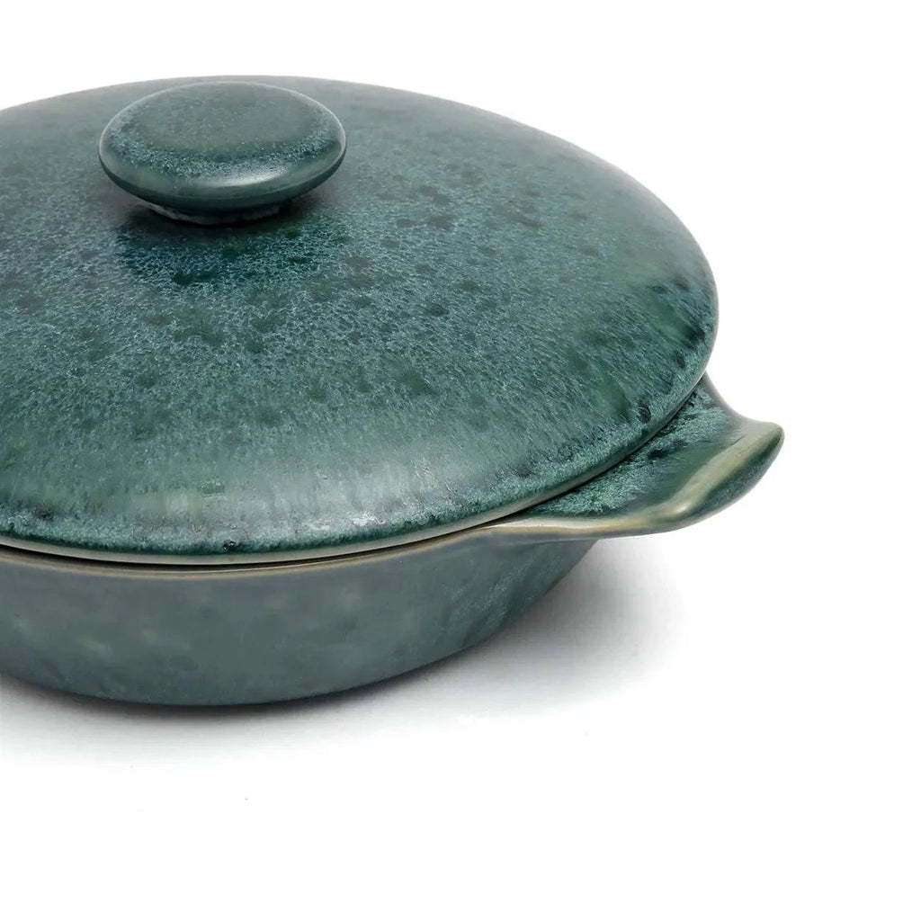 Cocotte ovale en grès émaillé vert profond avec couvercle en céramique teal