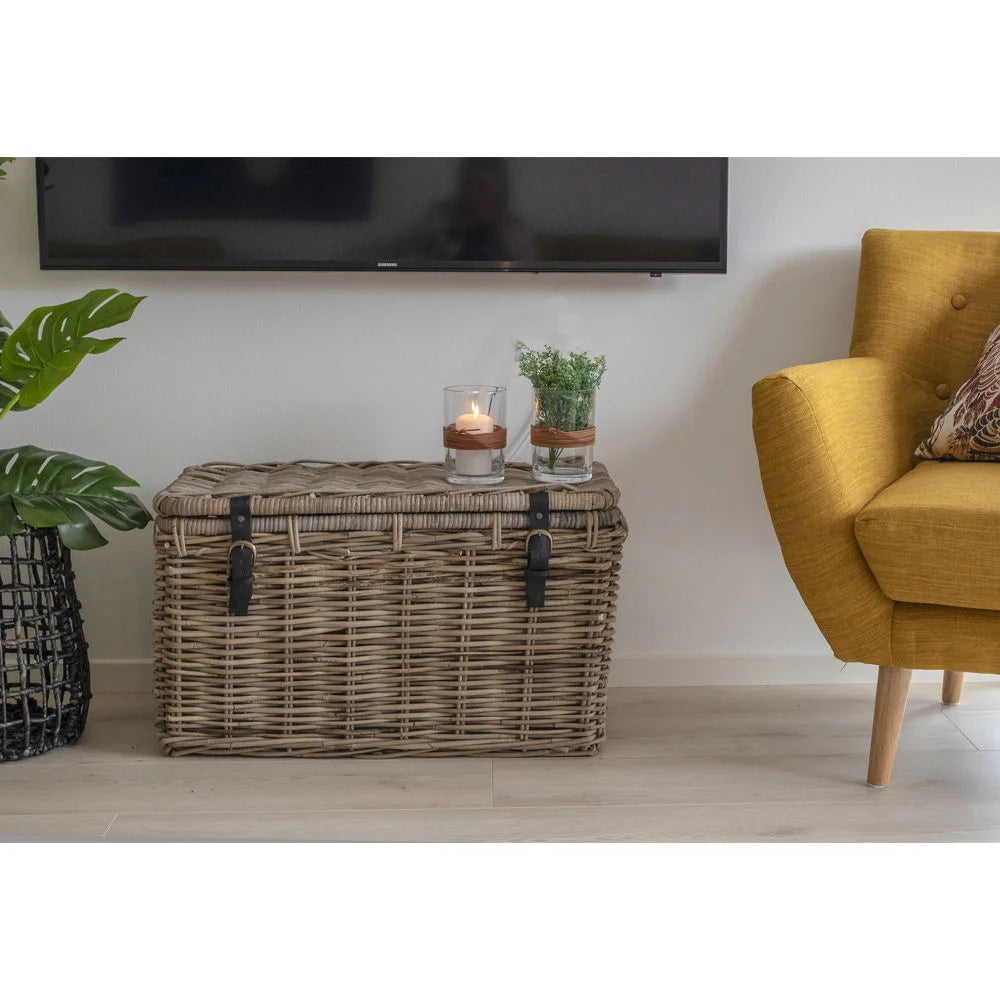 Coffres en rotin Kubu gris avec sangles cuir, lot de 3