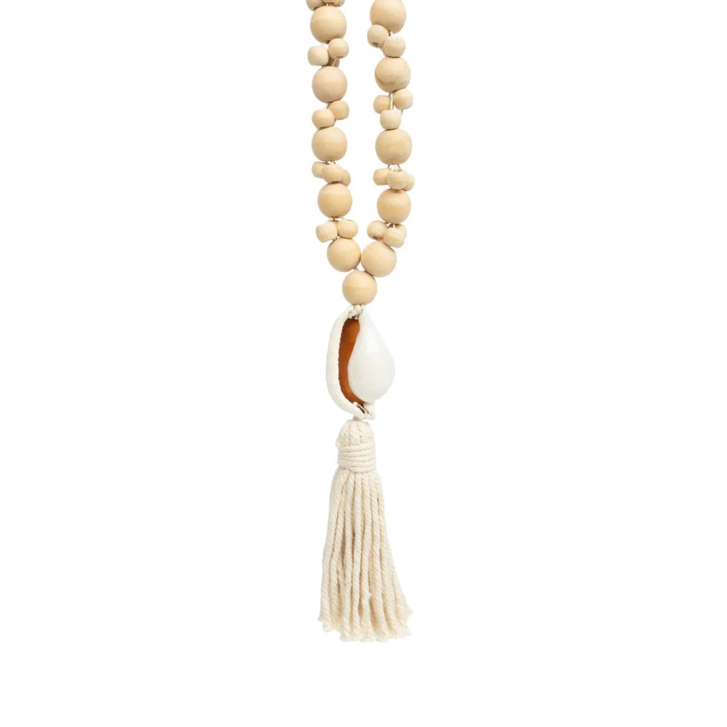 Collier coquillage perles bois crème macramé
