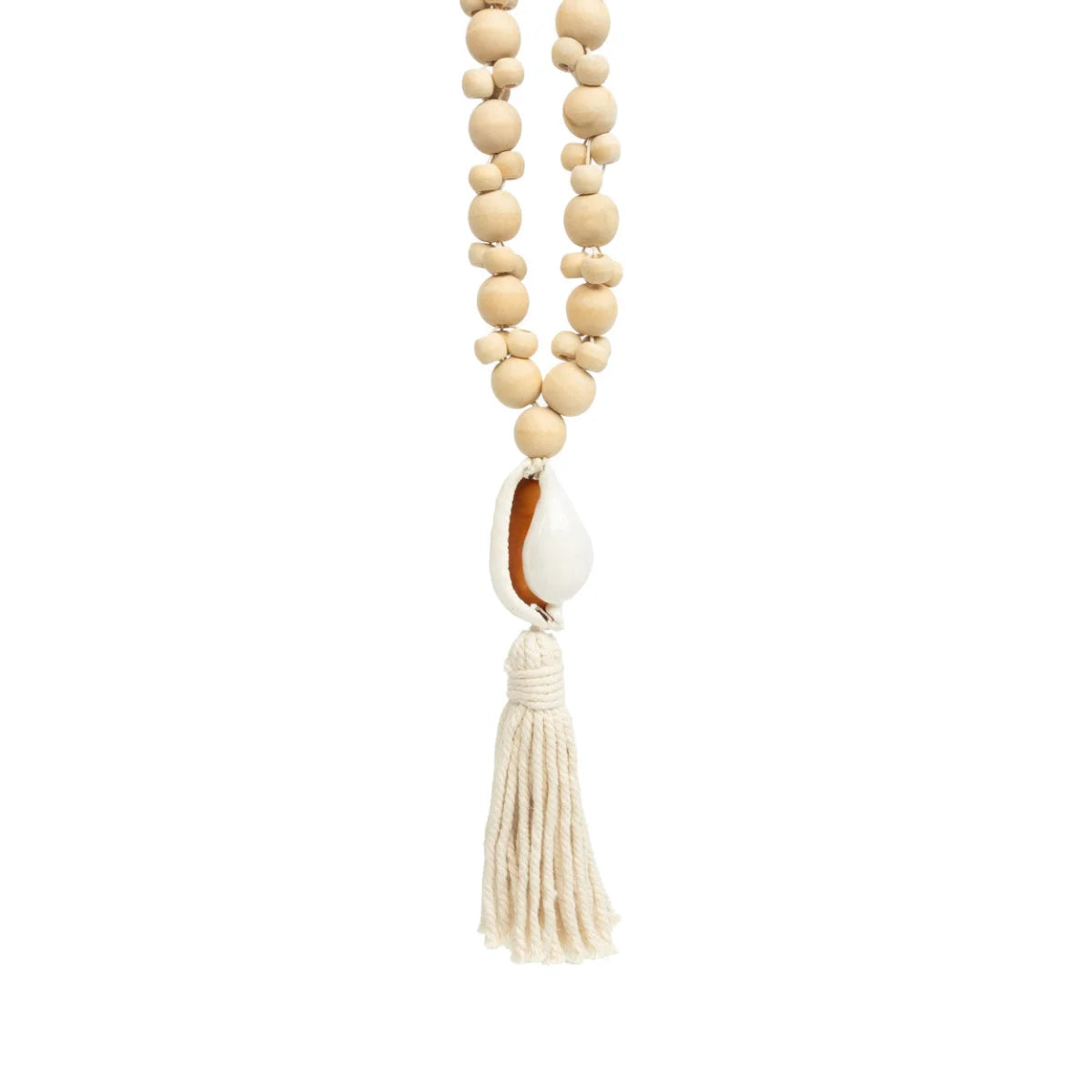 Collier coquillage perles bois crème macramé