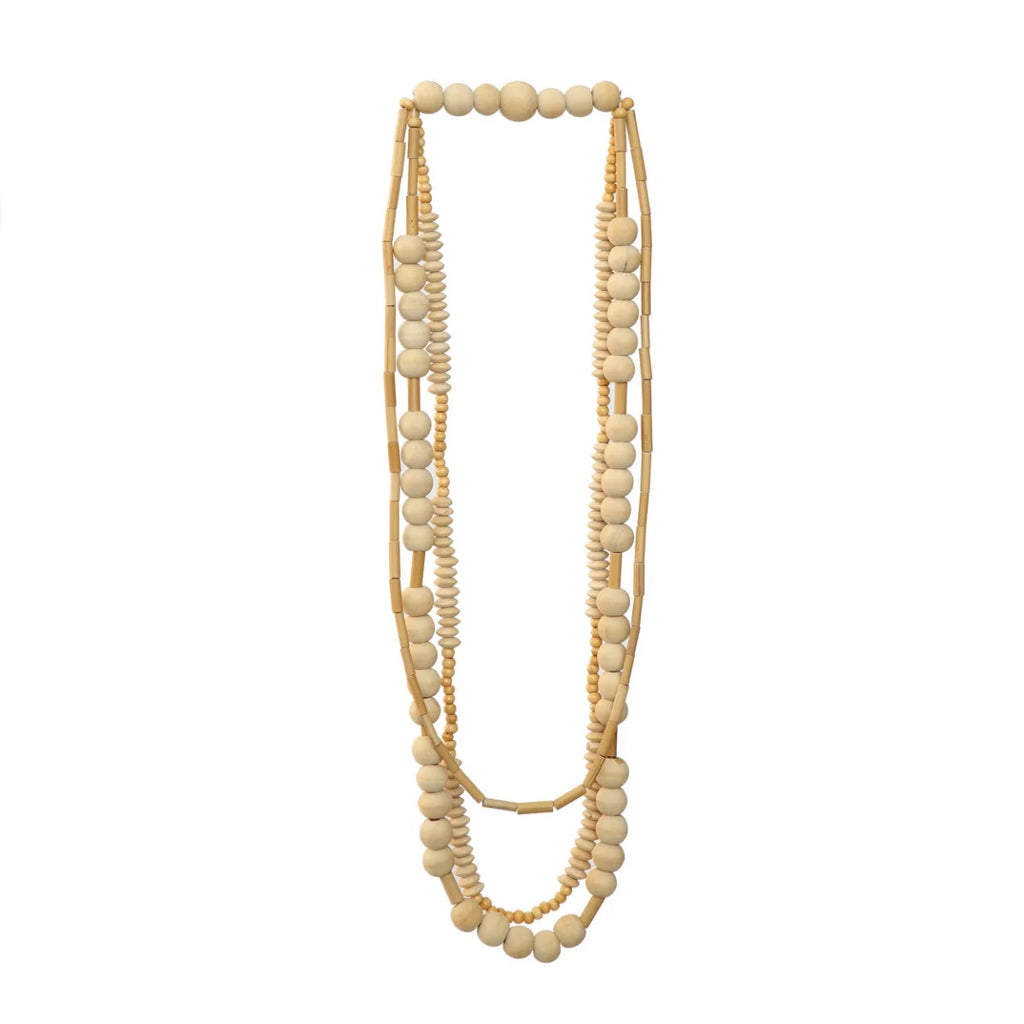 Collier décoratif en perles de bois naturel beige multi-brins