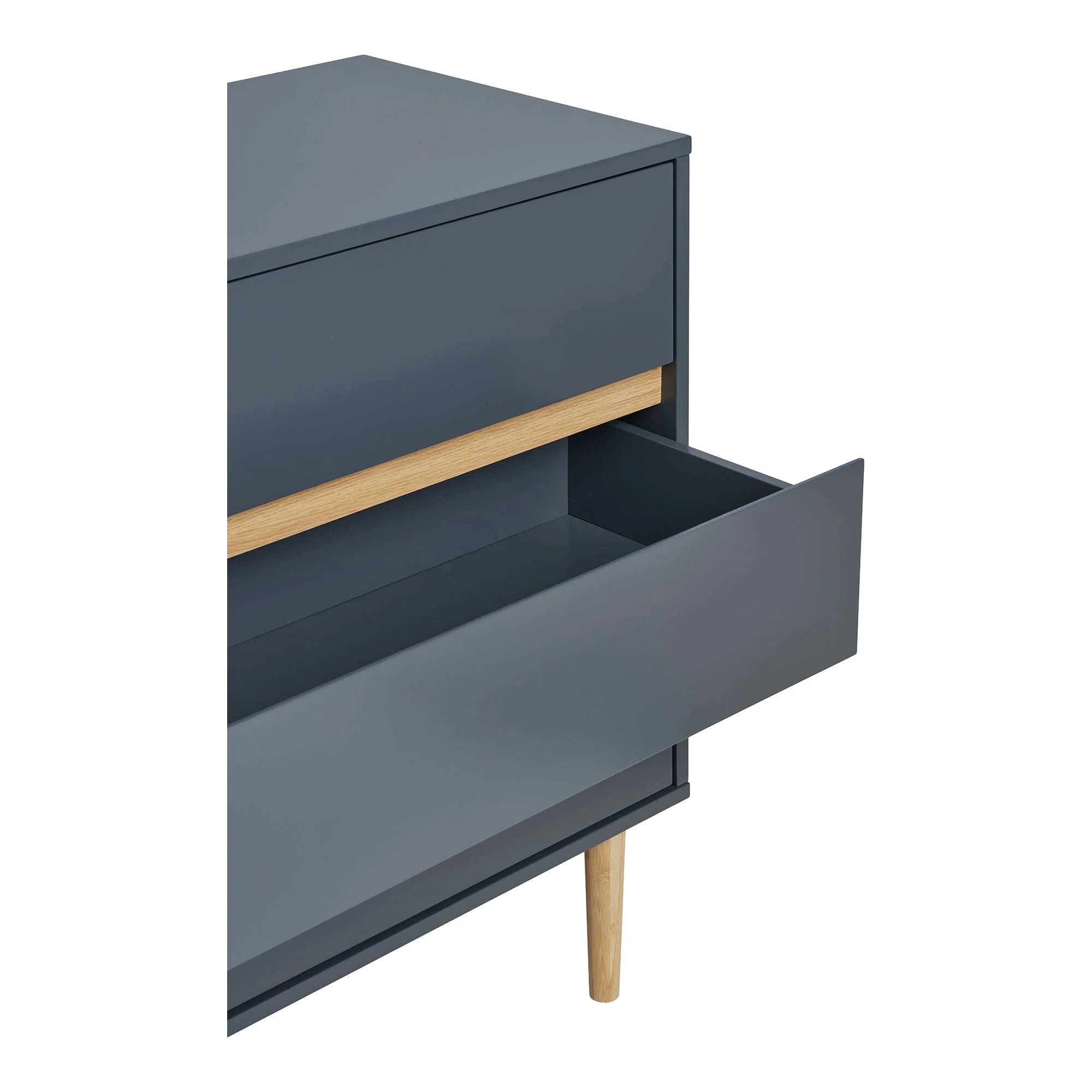 Commode 3 tiroirs en bois peint bleu gris avec pieds en bois clair, ouverte