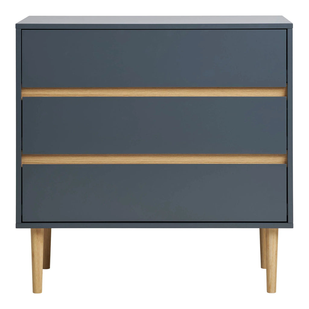 Commode 3 tiroirs en bois peint bleu gris avec pieds en bois clair, 80x40 cm