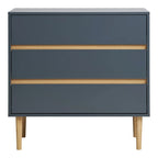 Commode 3 tiroirs en bois peint bleu gris avec pieds en bois clair, 80x40 cm