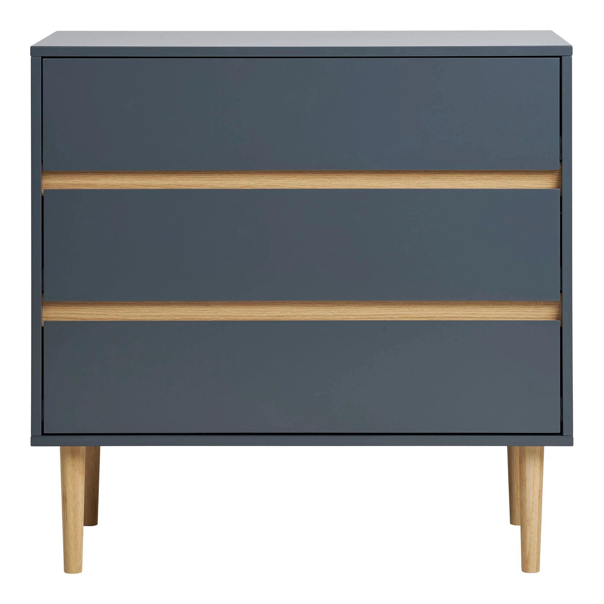 Commode 3 tiroirs en bois peint bleu gris avec pieds en bois clair, 80x40 cm