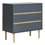 Commode 3 tiroirs en bois peint bleu gris avec pieds en bois clair, 80x40 cm