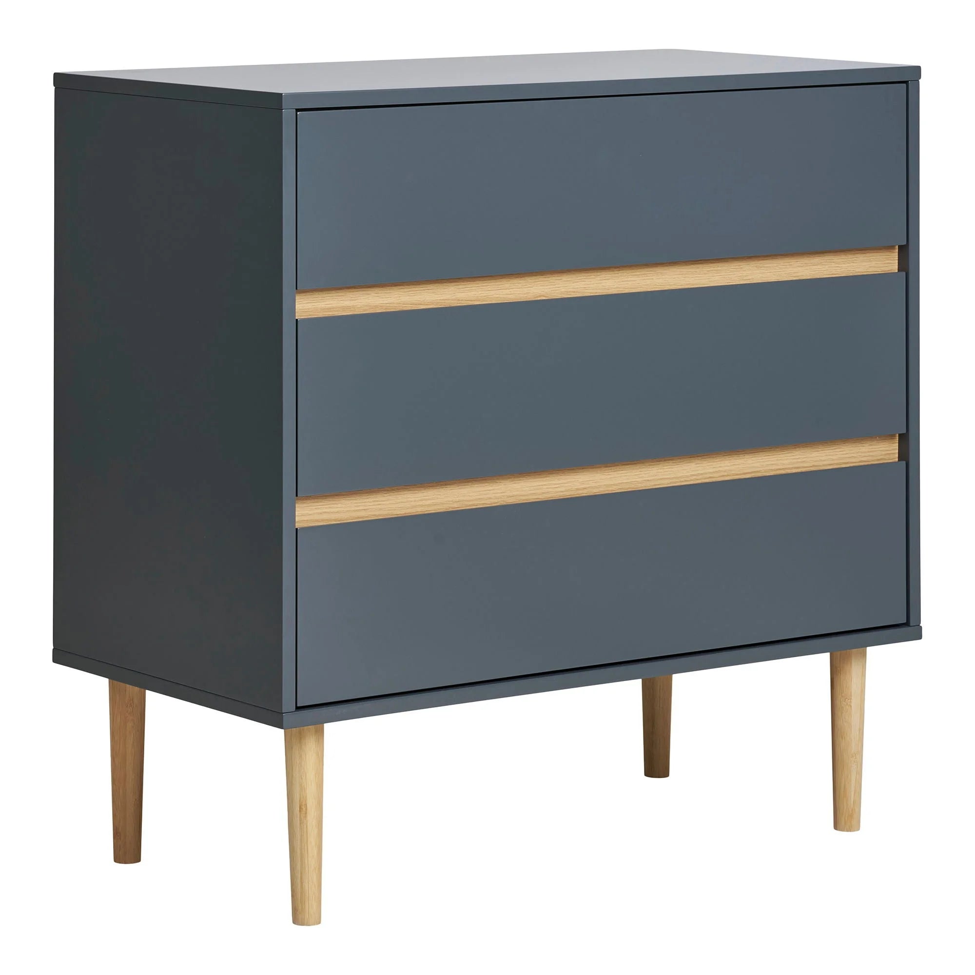 Commode 3 tiroirs en bois peint bleu gris avec pieds en bois clair, 80x40 cm