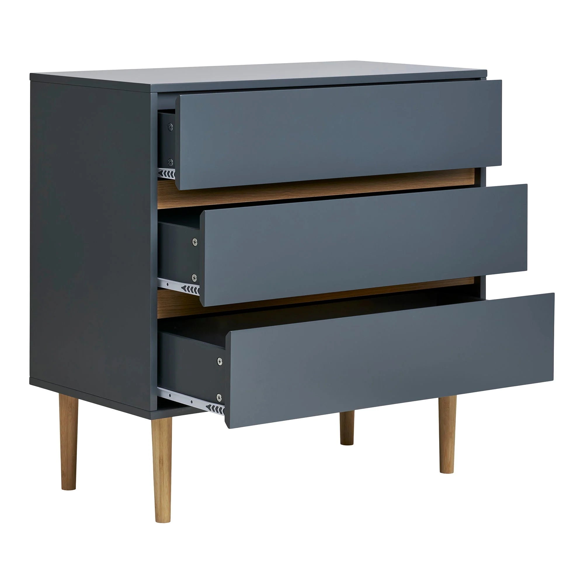Commode 3 tiroirs en bois peint bleu gris avec pieds en bois clair, 80x40 cm