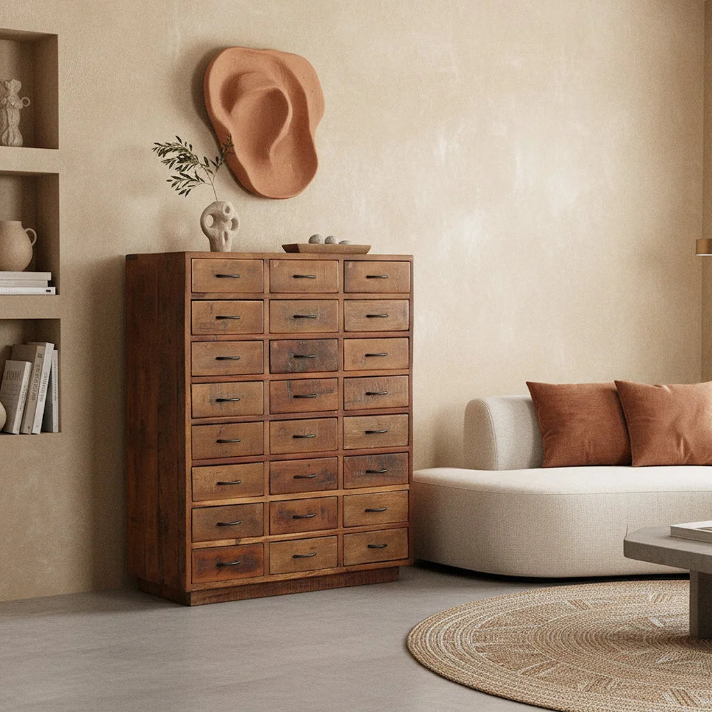 Commode apothicaire en bois recyclé brun à 24 tiroirs, 80x40 cm