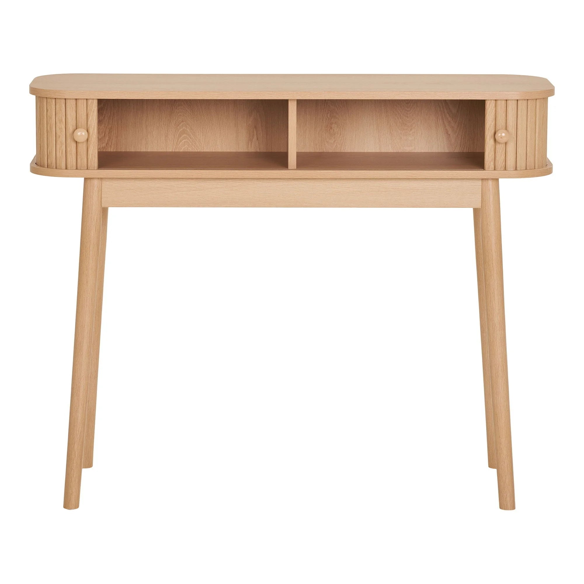 Console en bois naturel avec rangement, portes rainurées et pieds fuselés 100x30 cm
