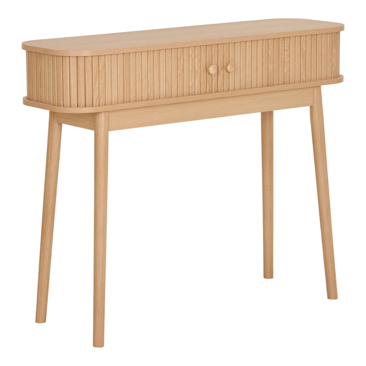 Table console bois chêne clair courbé, 2 tiroirs, portes rainurées, 100x30 cm