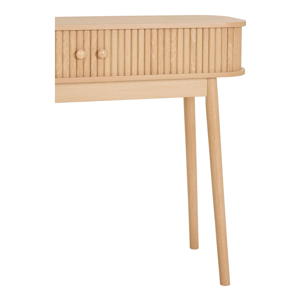 Table console en bois de chêne clair 100x30 cm avec tiroirs et portes rainurées