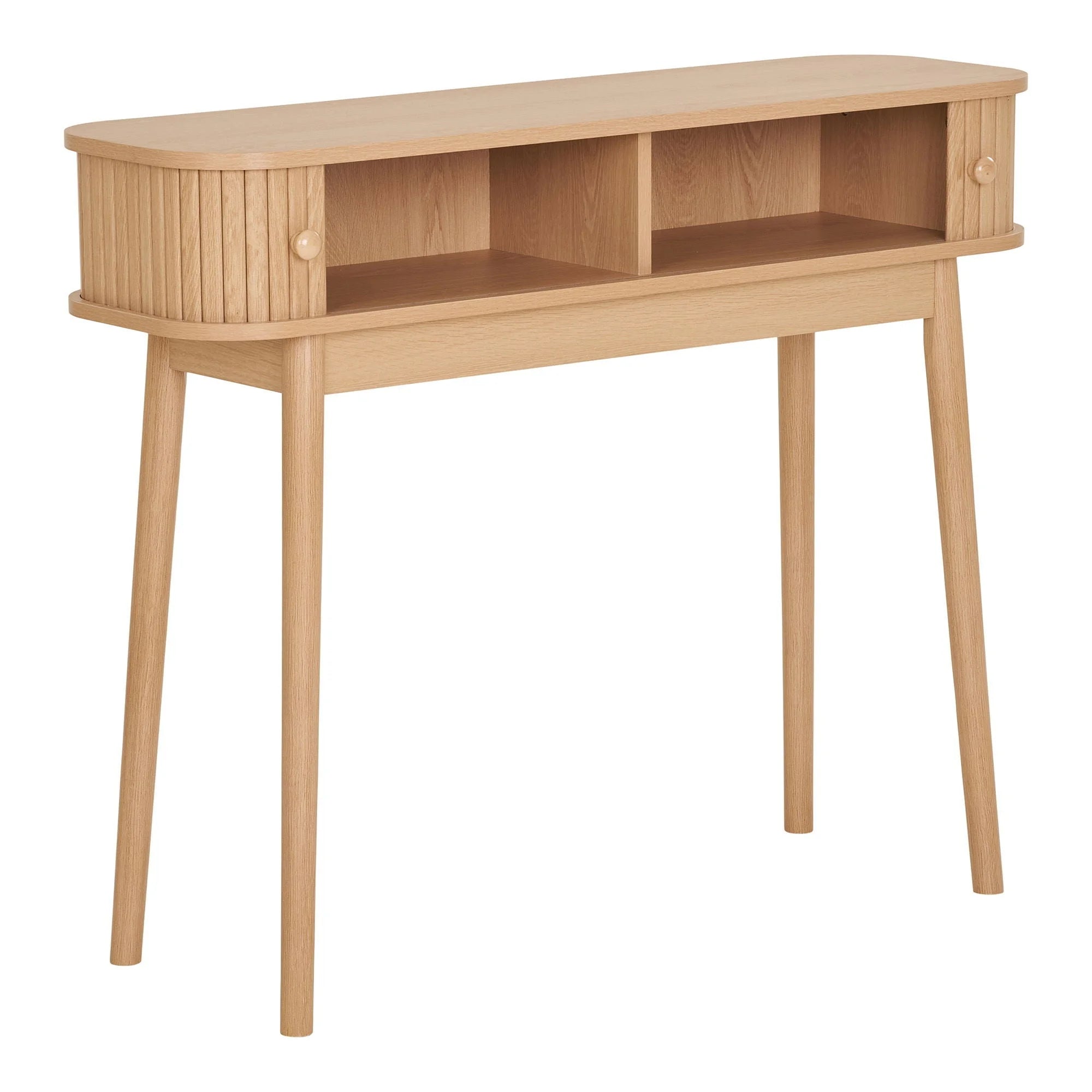 Console en bois naturel avec espaces de rangement, portes rainurées et pieds fuselés
