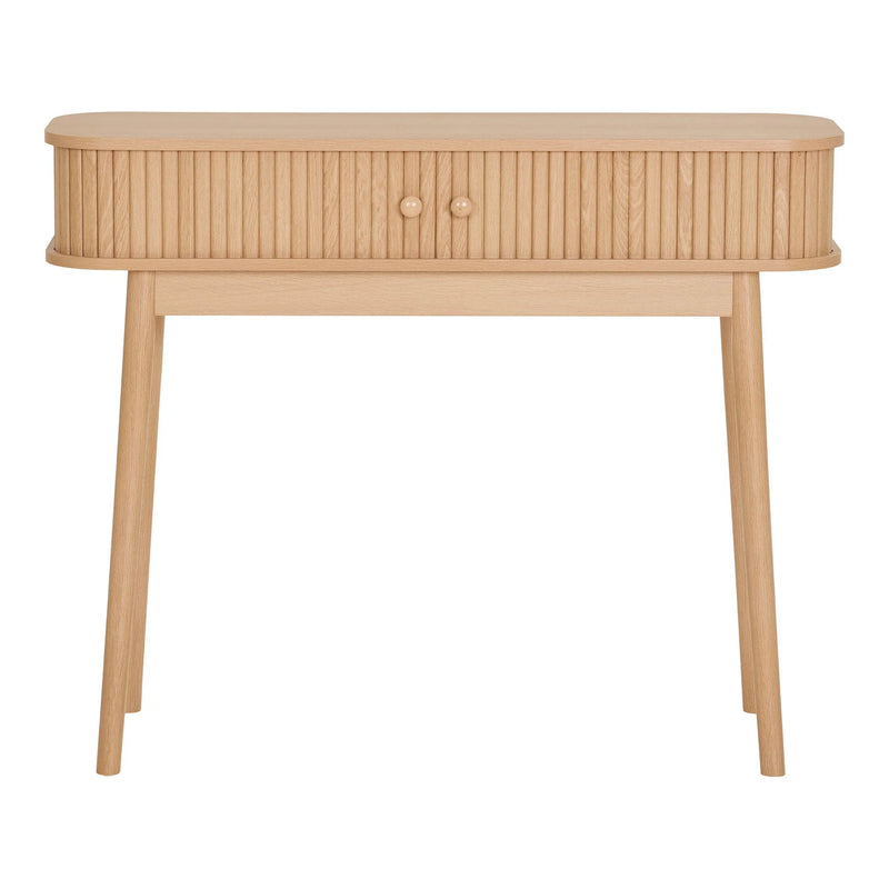 Console 2 tiroirs en bois naturel avec portes rainurées et pieds fuselés – 100x30 cm