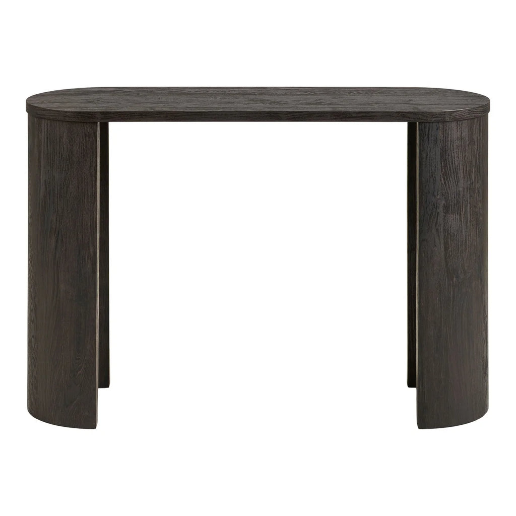 Table console en bois foncé ovale avec pieds courbés texturés, 114x38 cm