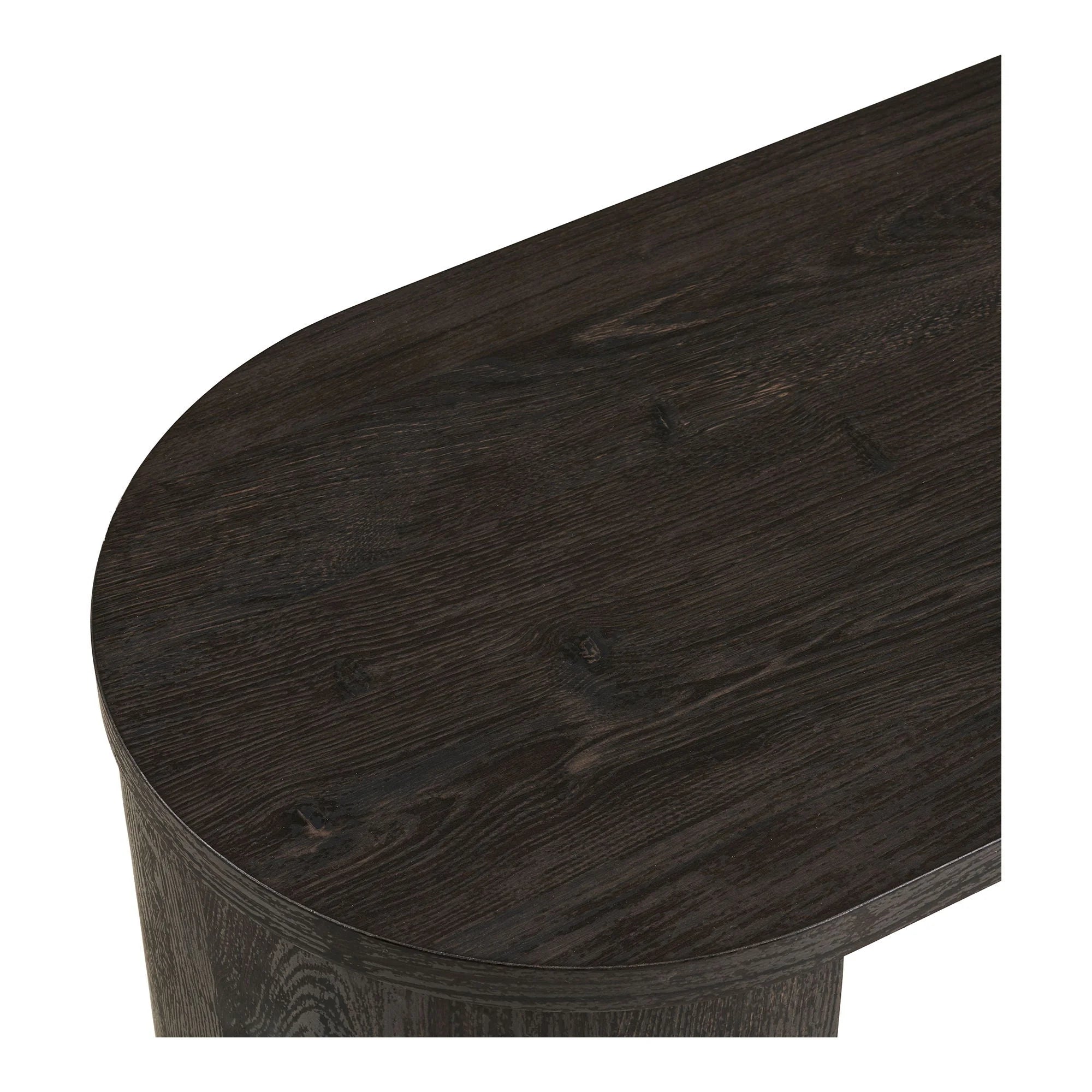 Console en bois foncé avec grain, forme arrondie et pieds piliers, 114x38 cm