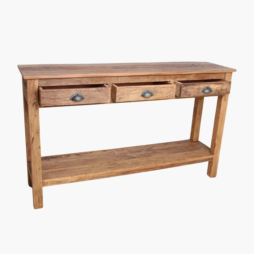 Table console bois massif rustique 150x38 cm avec 3 tiroirs et étagère