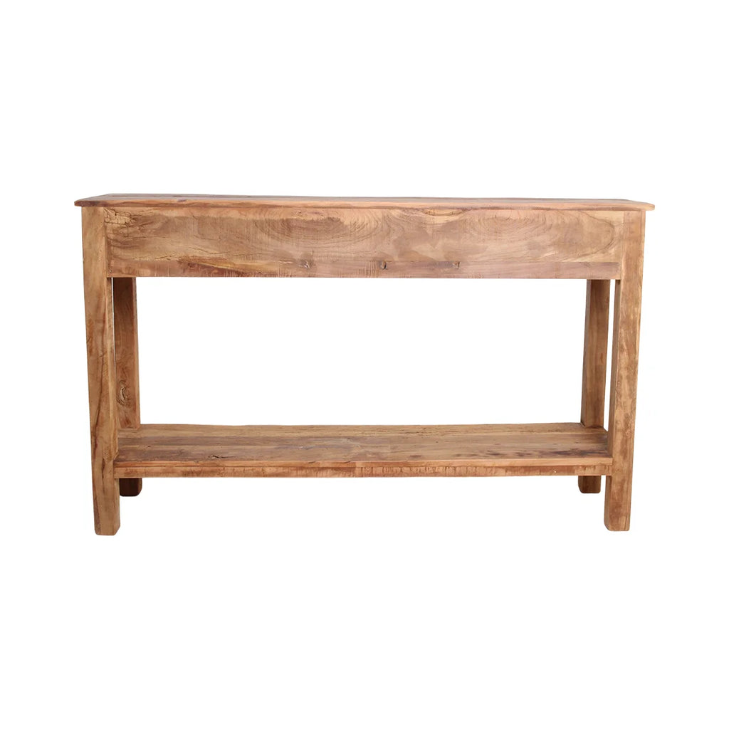 Console bois massif rustique 150x38 cm avec tiroirs et poignées noires