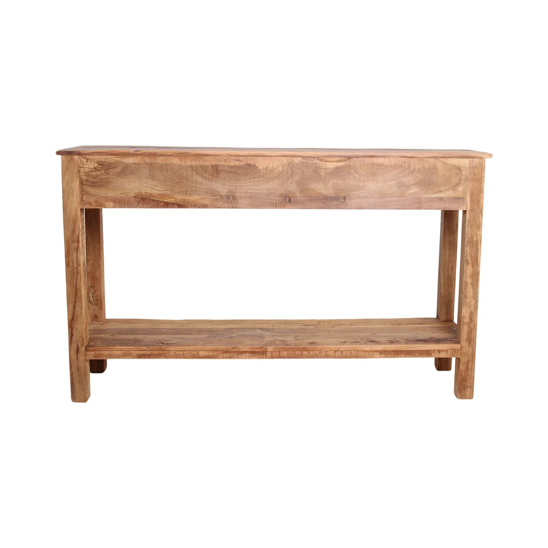 Console bois massif rustique 150x38 cm avec tiroirs et poignées noires